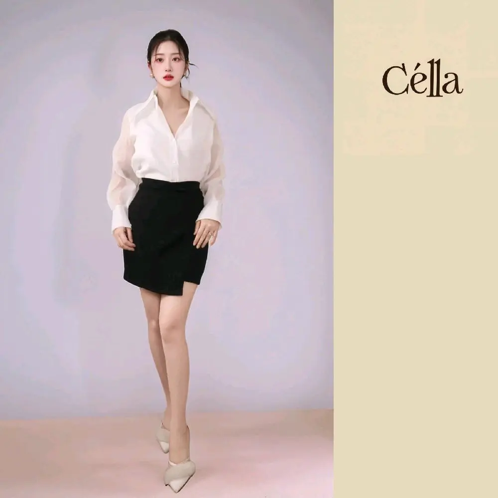 Set Chân Váy Bút Chì Vạt Lệch Vải Tuyết Mưa & Áo Sơ Mi Trắng Cổ V Kate Lụa, Phong Cách Hàn Quốc, Mặc Đi Làm Đi Chơi, Chuẩn Form Tôn Dáng, Size S-XXL - CÉLLA FASHION