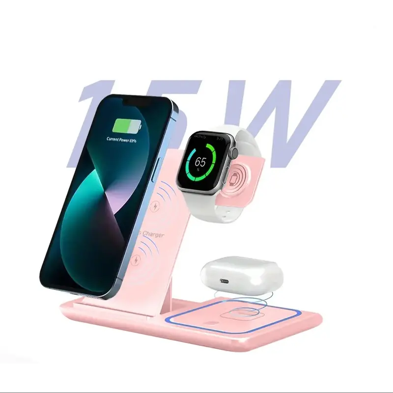 3 in 1 Wireless Fast Charging Stand, 15W Wireless Intelligent Identification Charger, Foldable Storage Travel Charger for Desktop Office Business Trip 0