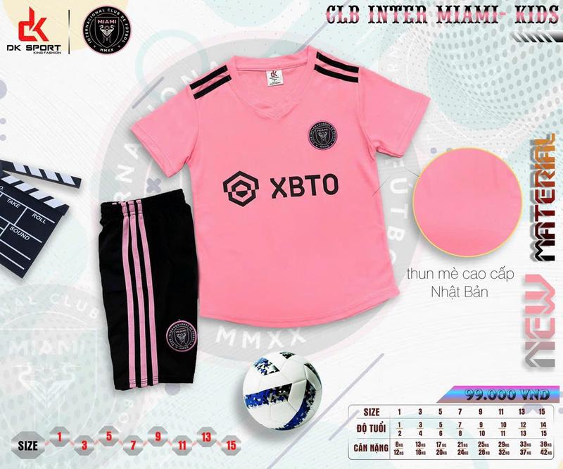 96. Bộ quần áo đá bóng Inter Miami hồng- trẻ em- vải mè Nhật (có in TÊN + SỐ theo yêu cầu)