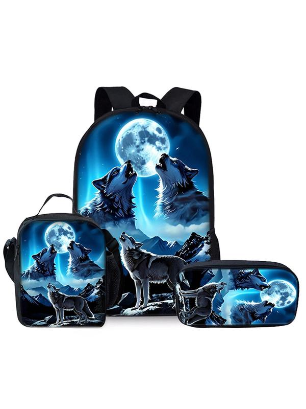 Wolf Pattern Backpack & Lunch Bag & Pencil Case Set, Casual Versatile Backpack Set for Women & Men, Trendy All-match Bag Set for Daily Use 6