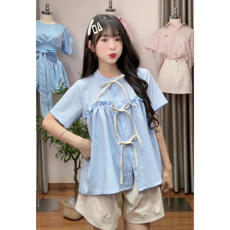 XẢ KHO NGHỈ BÁN Set Áo kiểu nữ sơ mi chất đũi sần kèm quần thô 2 da dáng babydoll buộc nơ ngắn tay form rộng 4 màu Kozoda Women S201 (Xanh Dương - Xanh Than - Tím - Trắng) Top Kem Top Kem