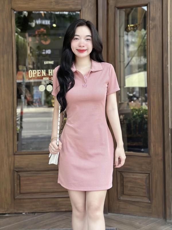 Đầm A thun gân QC cổ polo CHIBEST LDD45 Nữ Women Dress Hồng