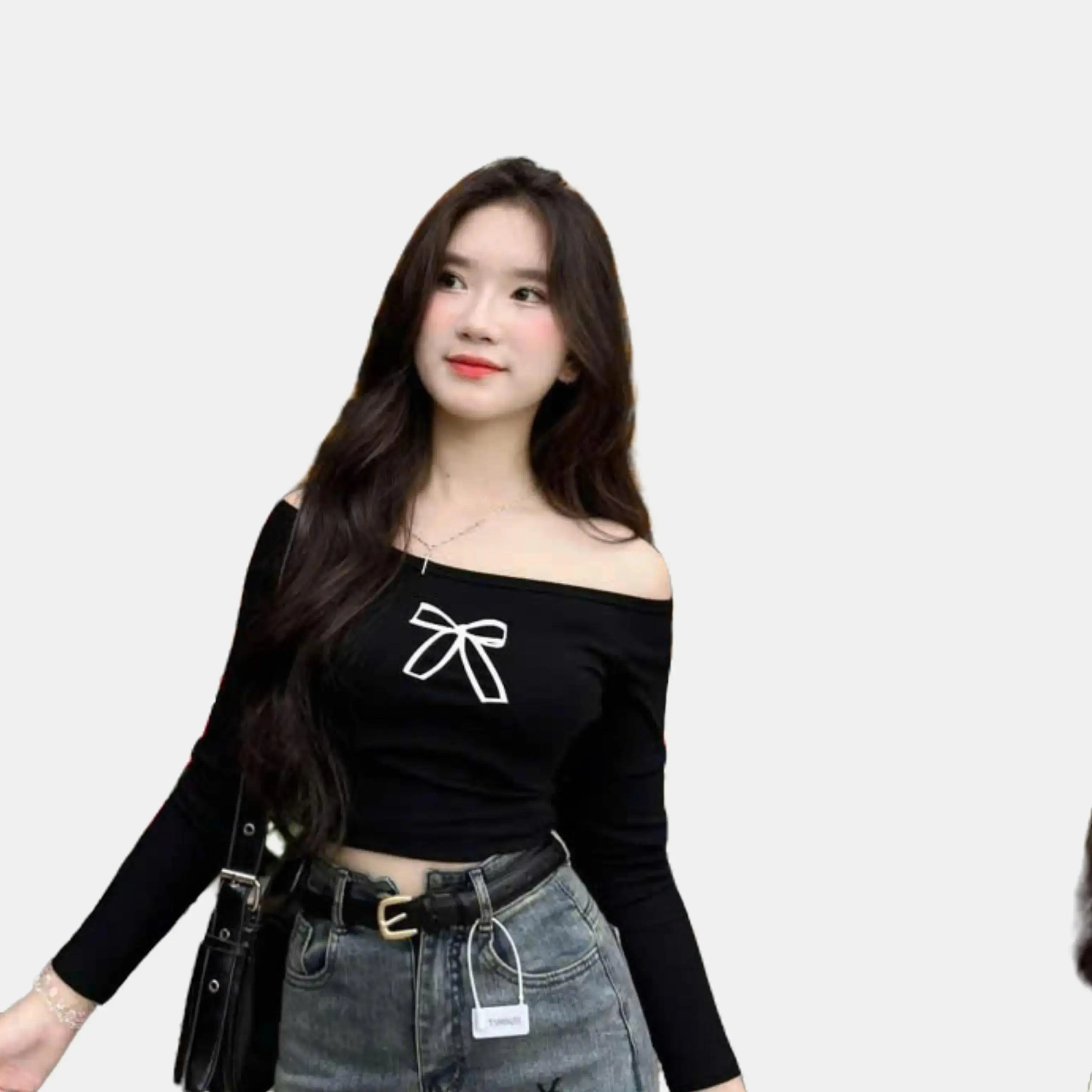 Áo Croptop Trễ Vai Dài Tay Ôm Body Thêu Nơ Đáng Yêu Co Giãn [freesize<52kg]