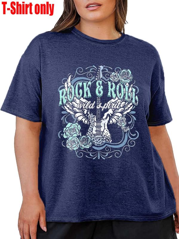 【Plus Size】 Women's Rock & Roll Letter & Guitar Print Round Neck Tee, Casual Short Sleeve T-shirt for Daily Wear, Ladies Clothes for All Seasons 3