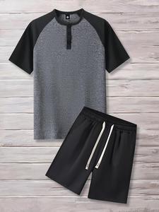 Men's Solid Raglan Sleeve Tee & Pocket Shorts Set, Regular Fit Casual Short Sleeve T-shirt & Drawstring Waist Shorts, Men's Summer Clothes
