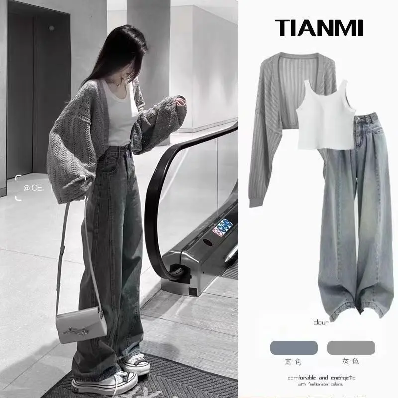 Quần Áo Nữ Ngoại Cỡ Bộ Đồ Mùa Xuân, Bộ Sưu Tập Mùa Hè Mới, Phong Cách Ngọt Ngào Phong Cách Hàn Quốc, Áo Vest Cardigan Dệt Kim Đơn Giản, Bộ Hai Mảnh, 2024 Top Women