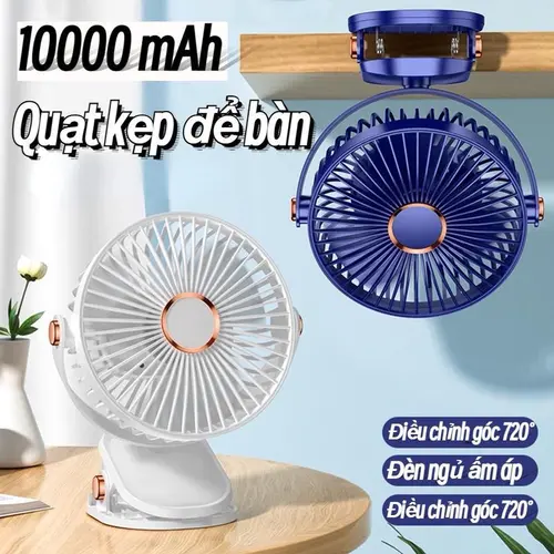 Quạt Tích Điện Mini, Quạt Kẹp Cho Bé, Để Bàn Thích Hợp Văn Phòng, Lớp Học, Xe oto - 5 Cấp Độ Gió Tích Hợp Đèn Ngủ