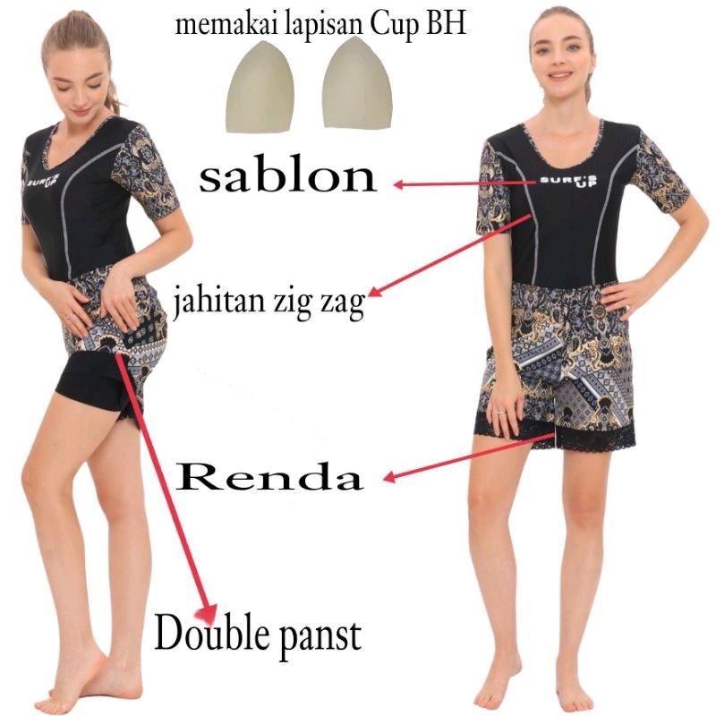 Baju Renang Wanita Dewasa Lengan Pendek Celana Double Pants Model Renda Motif Cantik Terbaru Ada Lapisan CUP BH Pakaian Berenang Diving Selam Cewek Remaja Dewasa Bahan Premium Ready Big Size Ukuran Jumbo Murah Bisa COD 2