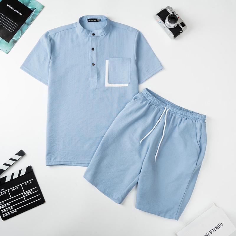 Bộ Nam Cổ Tàu Tay Ngắn Quần Đùi Chất Liệu Vải Đũi Mềm Mịn Nhẹ Thoáng Thấm Hút Mồ hôi tốt Hôi Tốt Màu Sắc Thanh Lịch Áo Menswear Màu Xám