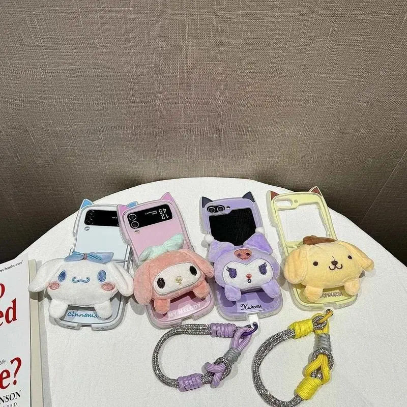 3D Cute Sanrio Kuromi Melody Cinnamoroll  Purin Phone Case For Samsung Galaxy Z Flip 6 5 5G 4 3 Soft TPU Cover With Lanyard