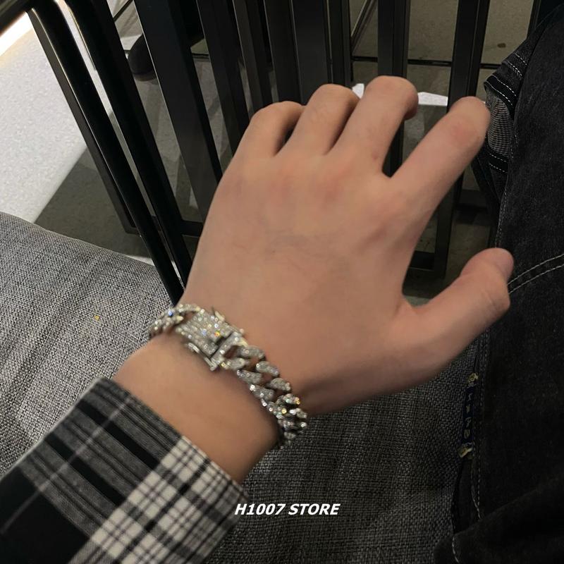 Full Crystal Stone Cuban Chain Hip Hop Bracelet For Men Silver Color Metal Link Chain Rhinestone Luck Closure Mens Bracelet 3