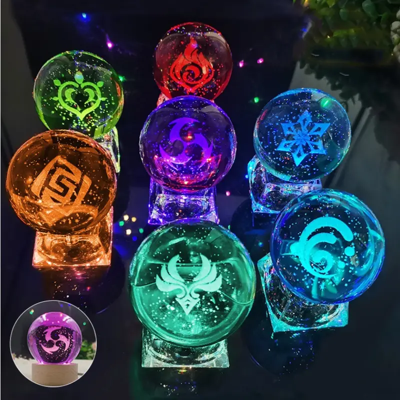 Đèn Ngủ Hình Cầu Pha Lê VISION GENSHIN IMPACT 3D đèn LED đế gỗ, thủy tinh game anime chibi quà sinh nhật 0