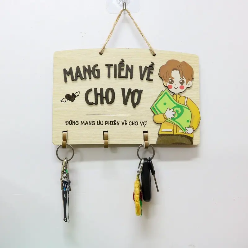 Bảng gỗ Nhà là nơi để về, Mang tiền về vợ (Tặng kèm đinh 3 chân/ móc dán tường) - Bảng gỗ treo tường, trang trí nhà cửa Decor Phòng 7