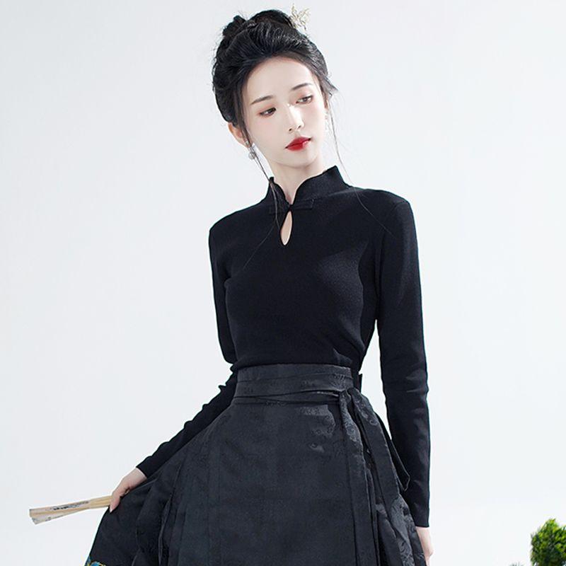Áo Sườn Xám Phong Cách Trung Quốc Mới, Cổ Chân Đế Tay Phồng Dành Cho Nữ, Thích Hợp Cho Mùa Xuân Và Mùa Thu, Phong Cách Quốc Gia Mới, Áo Thun Dài Tay Thiền 1