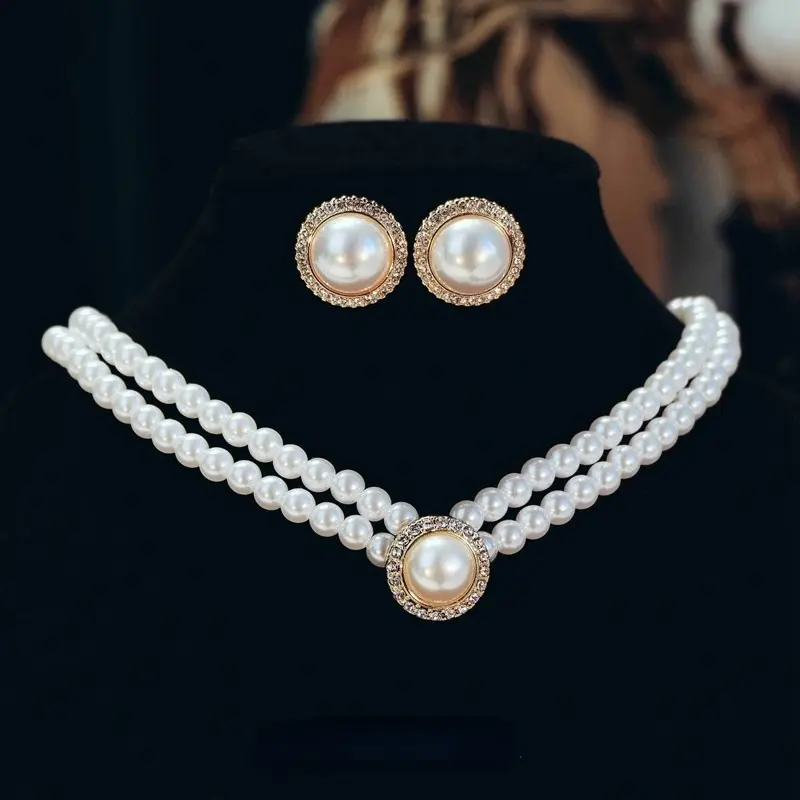 Bộ Bông Tai Vòng Cổ Ngọc Trai, Hai Lớp, Phụ Kiện Váy Cưới Cô Dâu, Bộ Bông Tai Cô Dâu 0