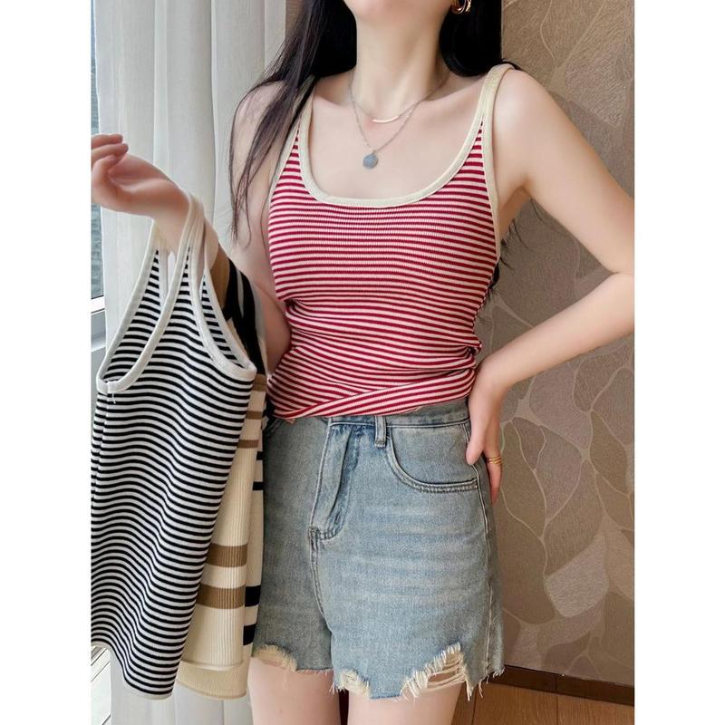 Áo Vest Hai Dây Dệt Kim, Họa Tiết Sọc, Dành Cho Nữ, Thích Hợp Cho Trang Phục Mùa Hè, Bộ Đồ Bên Ngoài, Bên Trong, Mỏng Vừa Vặn, Áo Không Tay 5