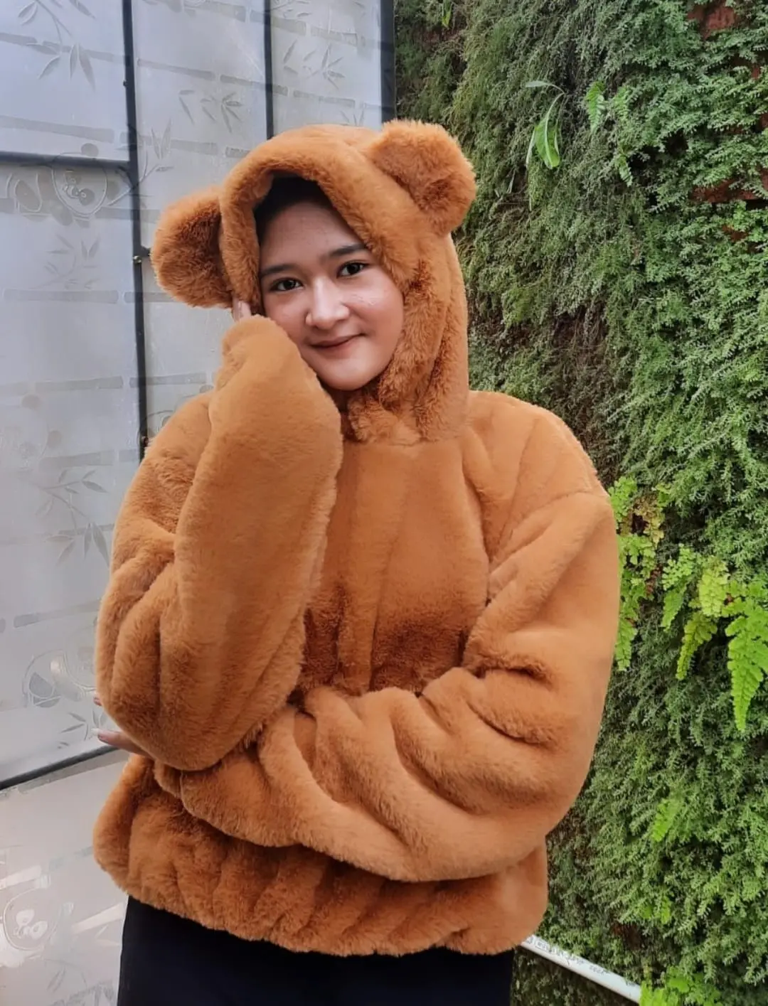 Hoodie Bulu Domba Jaket Sherpa Crop Bear Lembut Nyaman