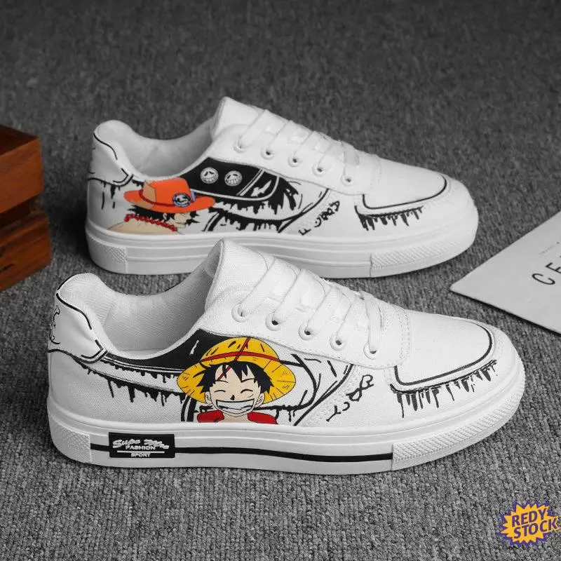 [Send now] [hot] fashion canvas shoes one piece D. Famous canvas shoes with Luff pattern, Luffy sneeper, anime type, Korean men, white