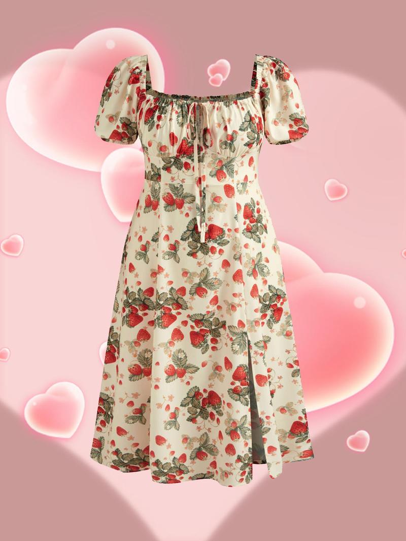 Product Introduction of Back To School Womenswear Plus Size Fruit Print Puff Sleeve Dress, Casual Wear Shirred Split Thigh A Line Dress for Daily Holiday Vacation Wear, Chic Dresses for Women, Women Plus Clothing for Summer,  Clarasummers14 Dress 17