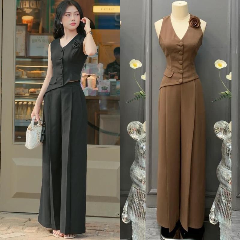 DN25-SÉT ÁO QUẦN GHILE VẠT CHÉO ÁO 2 LỚP QUẦN SUÔNG RỘNG DÀI DÂY KÉO ,PHÙ HỢP TẤT CẢ SỰ KIỆN VÀ CÁC MÙA,PHOM THIẾT KẾ CHUẨN . WONMEN Nhung Kem 2