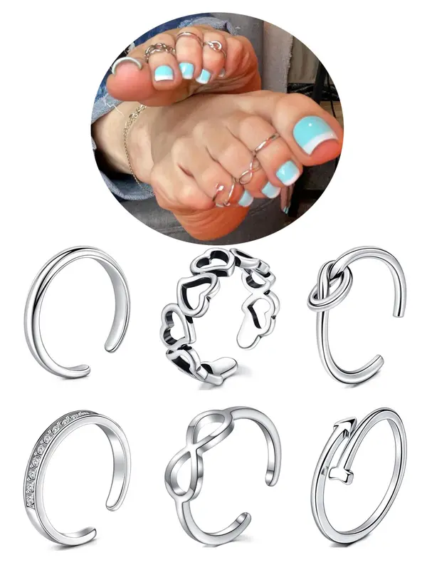 Women's Rhinestone Decorated Toe Rings (6pcs), Adjustable Open Toe Rings for Women & Girls, for Party, Daily Clothing Decor, Birthday Gift, Toe Ring Jewelry 4