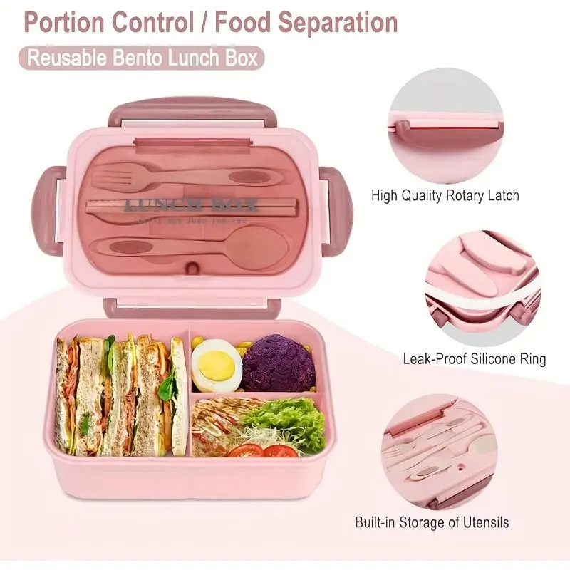 3-compartment Lunch Box with Cutlery, 1 Set Portable  Leak Proof Lunch Container, Lunch Box for School, Work & Outdoor Dining 3