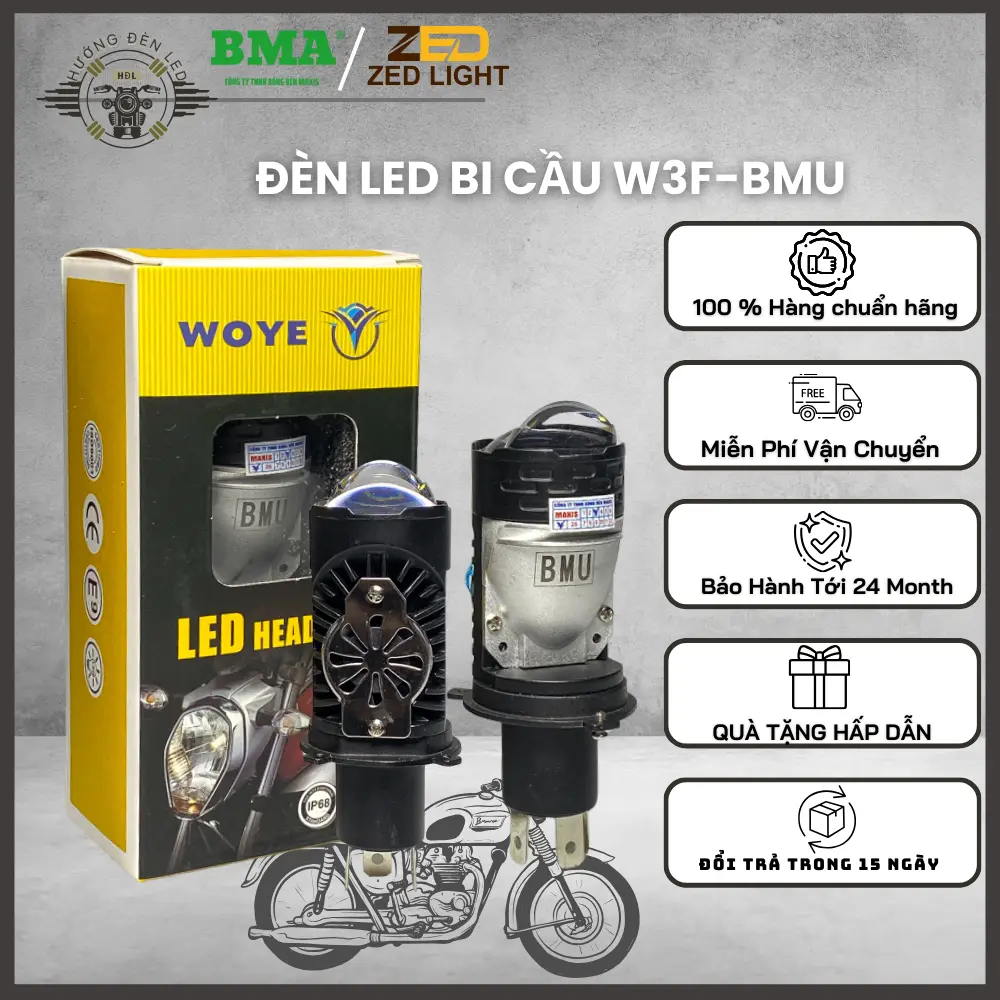 [HÀNG CHUẨN BMU] Đèn Pha LED Bi Cầu W3F BMU 60W Ánh Vượt Trội Pha Laser 12-24V ĐiệnBình Phụ Tùng Đèn sáng