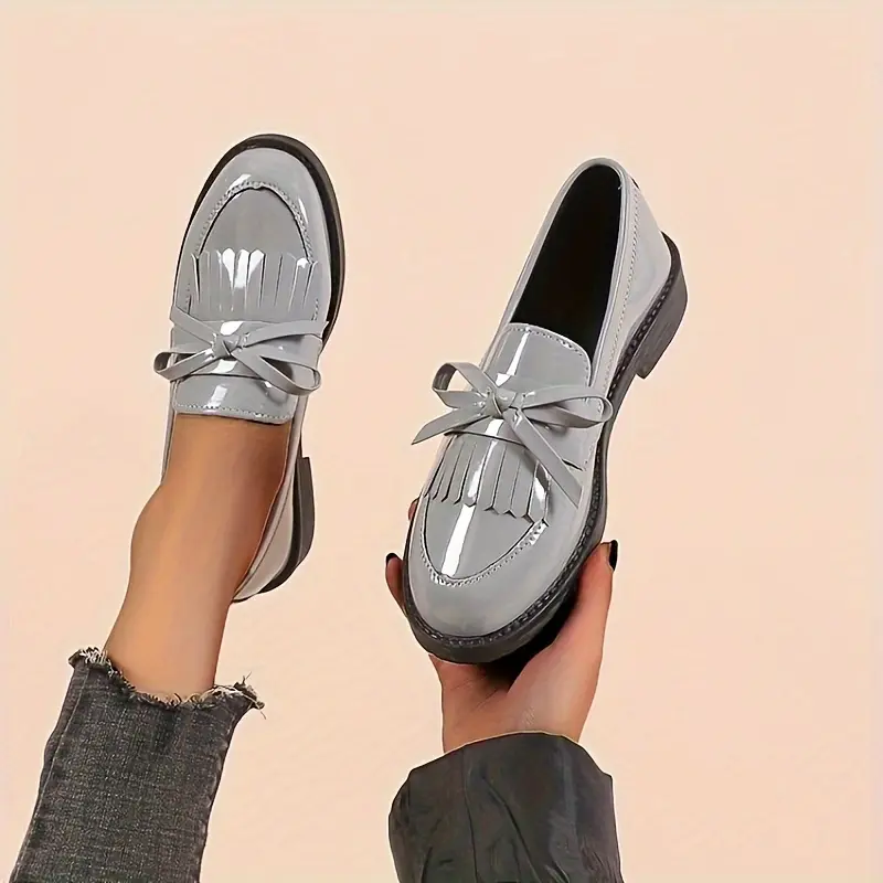 Preppy Solid Color Round Toe Slip-on Women'S Shoes, English Style, All-season, with Bow Embellishment, Made of Man-made Materials, Faux Sole and PVC Insole, with Fabric Inner Material, Hand Wash Only 5