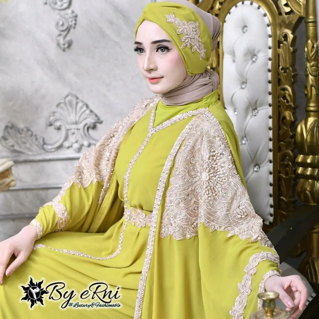 Kaftan Marwa  Abaya Muslim Set Inner Gamis Kaftan Bordir Tebal Payet  Jepang Dan Mutiara Gamis  Wanita  Mewah  Pesta  Lebaran   ceruty Panjang Kondangan Dewasa daster Cantik Nyaman spandex rayon  Bordir