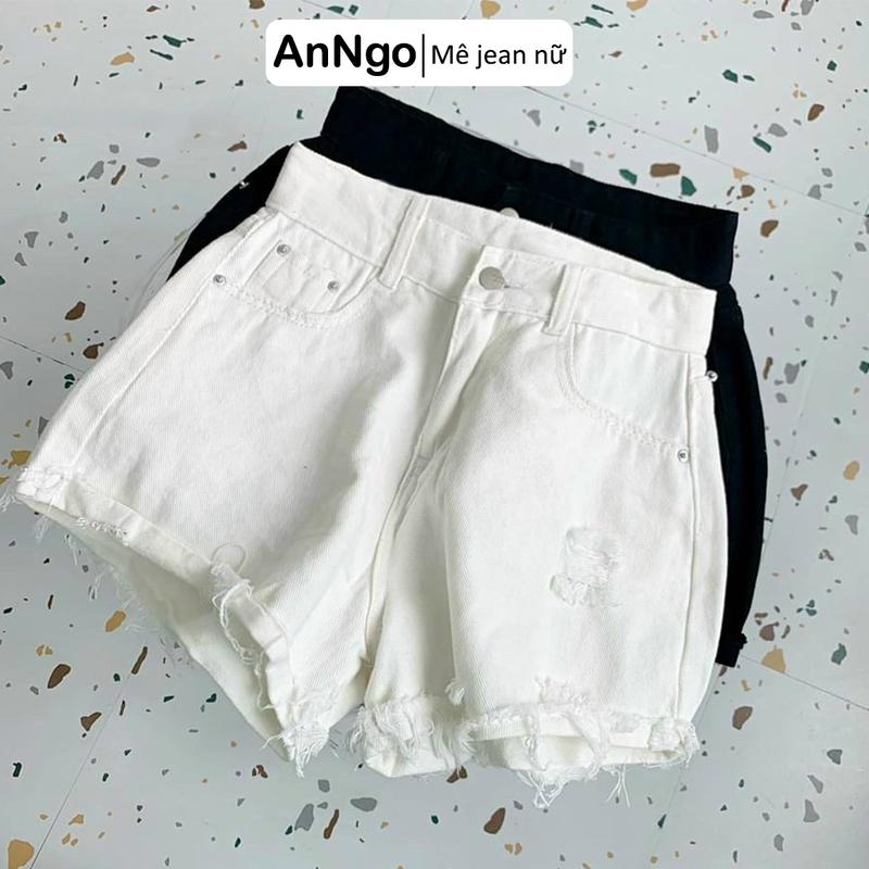 (Có big size) Quần short jean nữ trắng lưng cao hack dáng lai tua rách nhẹ dễ thương AnNgo - AT228