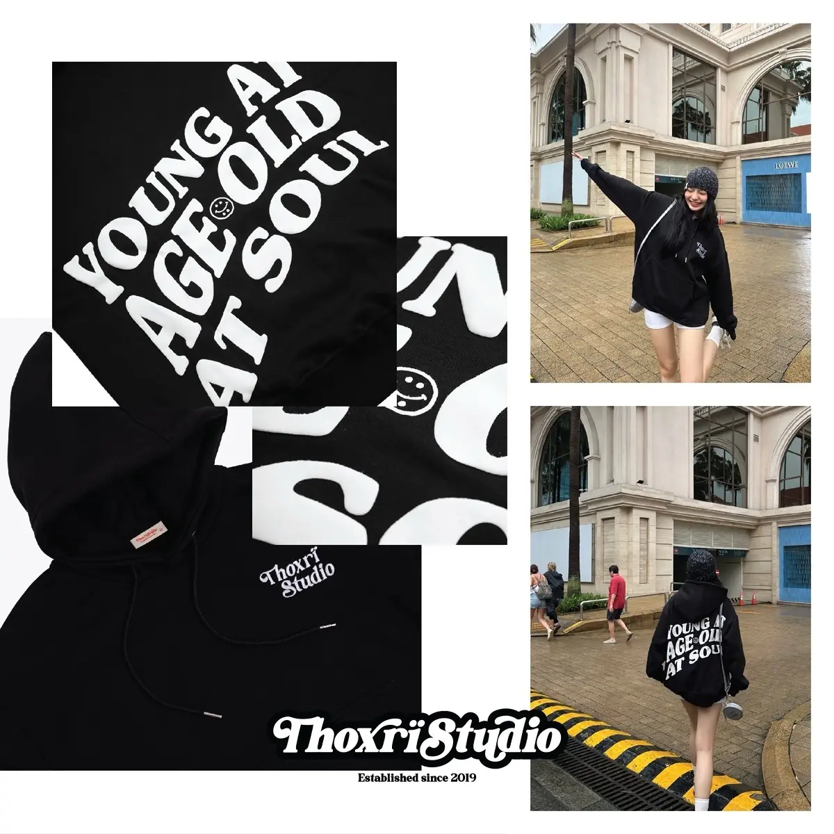 Áo Hoodie nỉ bông cotton YOUNG THOXRI màu ĐEN