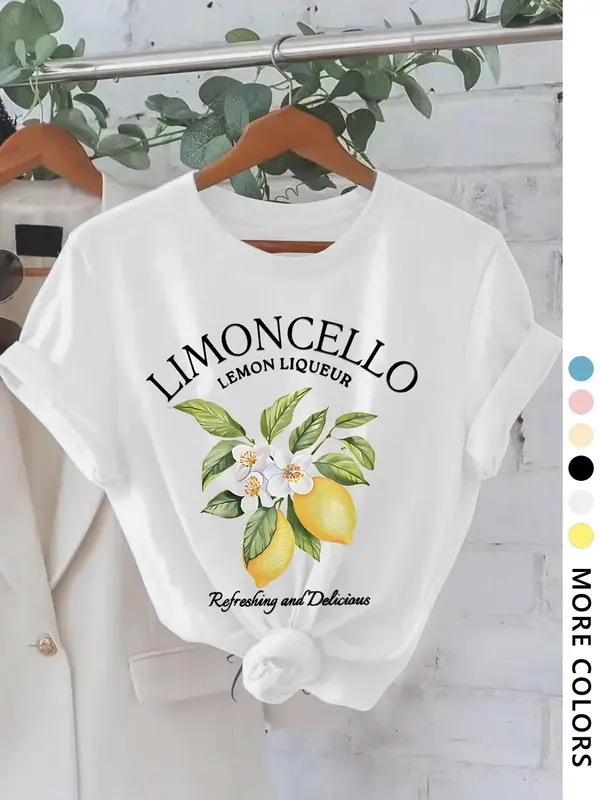 Women's Lemon & Letter Print Round Neck Tee, Vintage Trendy Casual Crewneck Short Sleeve T-shirt for Daily Wear, Ladies Summer Top, Fitted Womenswear 1