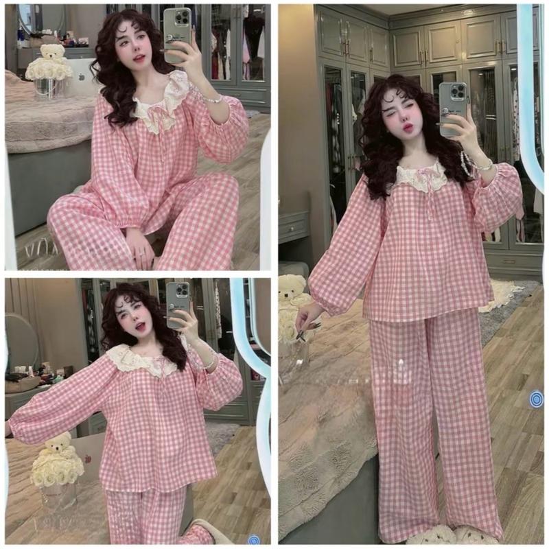 (DEAL XẢ KHO) Bộ kẻ caro tiểu thư, bộ mặc nhà trễ vai phối ren xinh yêu dành cho phụ nữ