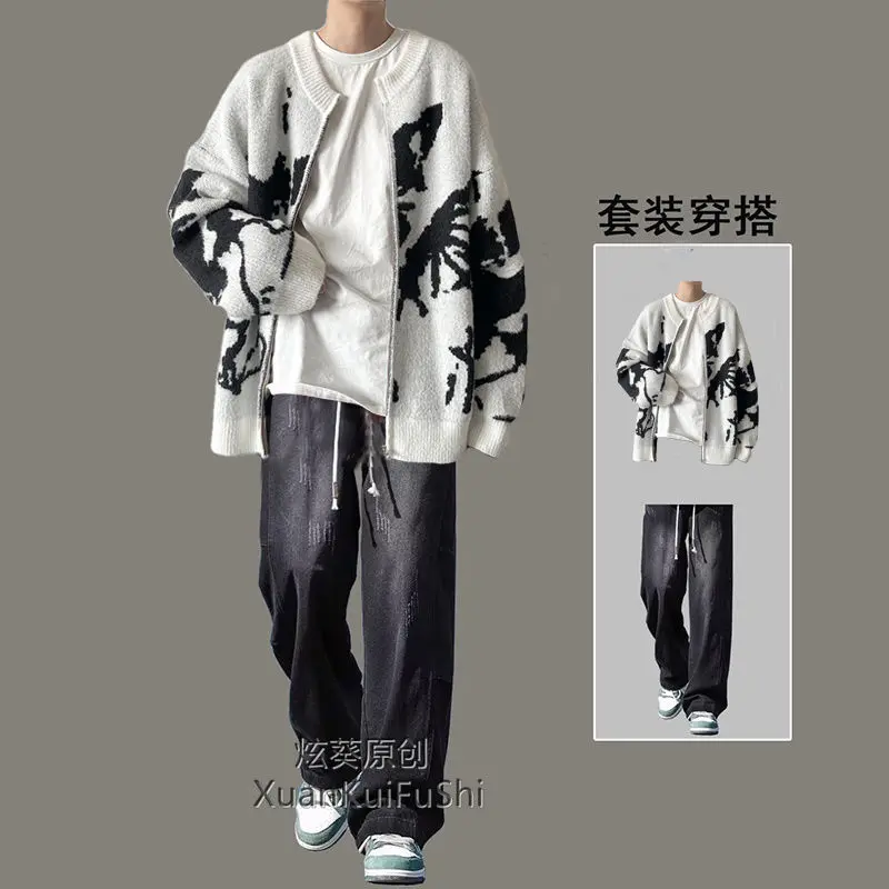 Áo Khoác Cardigan Len, Phong Cách Mỹ, Dành Cho Nam Giới, Mùa Thu Đông, Thiết Kế Nhuộm Cà Vạt, Khối Màu, Áo Len Dệt Kim, Bộ Ngầu Áo Khoác Dáng Rộng, Thương Hiệu Hợp Xu Hướng