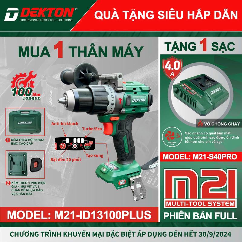 [Tặng Sạc 4.0] Khi Mua Máy Khoan Dekton M21-ID13100PLUS / [Hộp Nhựa] Đầu Cặp 13mm / Lực Xoắn 100Nm Kickback Control / Chân Pin Phổ Thông Makita / Bảng Có Tạo Xung