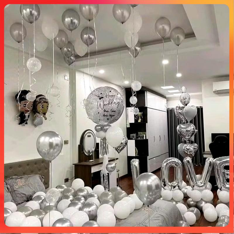 Bộ Sét Bóng Bay Trang Trí Phòng Cưới, Phòng Tân Hôn Tông Bạc trắng  [Tặng Kèm 100 Cánh Hoa Hồng + Bơm tay]