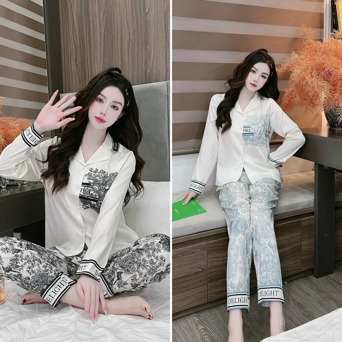 Đồ Bộ chữ DeL Màu đen-Xanh min tay dài -Tay ngắn lụa xước ánh kim đồ bộ Nhung Áo Nữ(TN là tay ngắn -TD là tay dài)