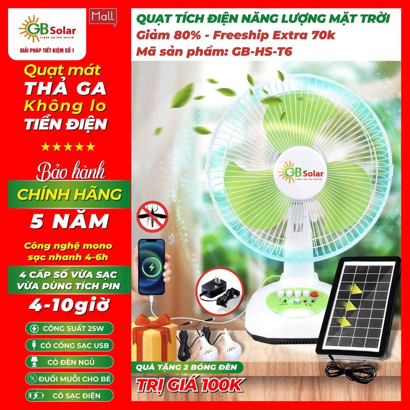 Quạt Tích Điện Năng Lượng Mặt Trời Để Bàn Vừa Dùng Vừa Sạc Chạy 24 24h Tặng 2 Bóng Đèn Chiếu Sáng Có Cổng Sạc Cho Di Động Có Đèn Ngủ Có Sạc Điện Lưới Bảo Hành Chính Hãng Công Ty GB Solar 5 Năm 1 Đổi 1