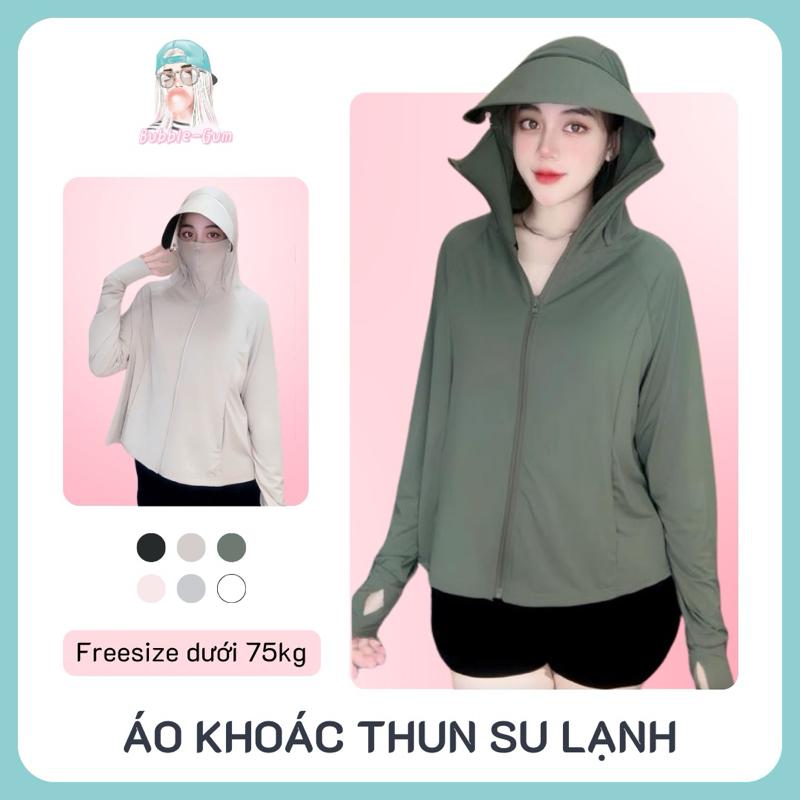 Áo Khoác Nữ Thun Su Lạnh Croptop Chống Tia UV 4 Túi Mũ Tháo Rời Freesize Dưới 75Kg BUBBLE GUM Women Jacket áo khoác su lạnh | AK18