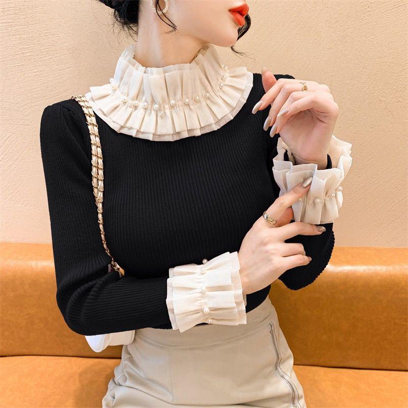 Áo Len Dệt Kim Đính Cườm Tương Phản Xếp Ly Kiểu Pháp Dành Cho Nữ Có Thể Mặc Mùa Thu Và Mùa Đông Cổ Lọ Nửa Lót Lông Cừu Áo Sơ Mi Cơ Sở Dày