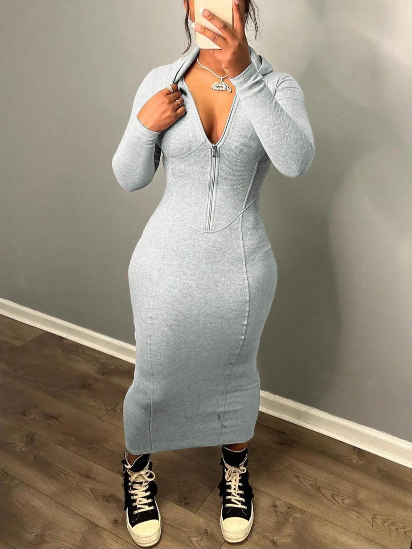 Women's Solid Zip Up Hooded Bodycon Dress, Casual Long Sleeve Split Hem Dress for Fall & Winter, Women's Clothing for Daily Wear