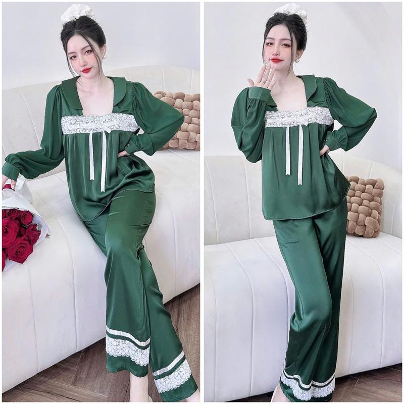 Đồ bộ ngủ pijama áo tay voan cổ vuông quần dài dành cho nữ họa tiết trơn chất liệu lụa latin mềm mịn Women 3