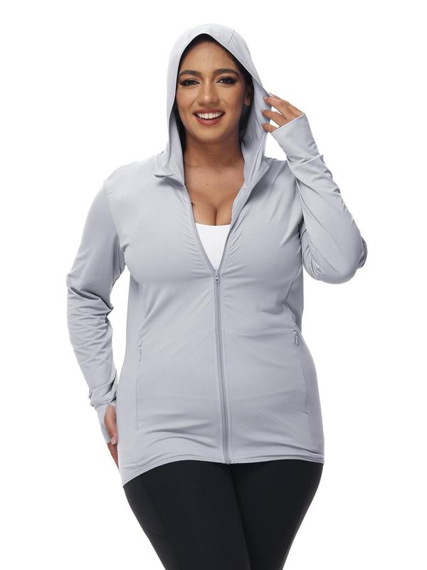Women's Plus Size Solid Thumb Hole Design Zip Up Sports Jacket, Casual Long Sleeve Outerwear for Outdoor Workout Running, Pickleball Clothes, Tennis Outfits, Ladies Sportswear for All Seasons 3