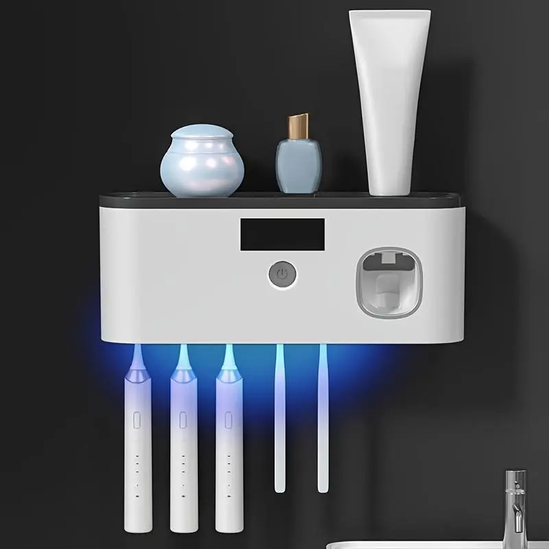 USB Rechargeable Smart Toothbrush Sterilizer, Wall Mounted Toothbrush Sterilizer with Toothpaste Dispenser, Bathroom Storage Rack, Bathroom Accessories