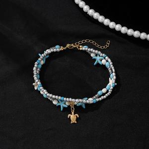 สร้อยข้อเท้าสีพาเรียลไทซ์ พร้อมเต่าและปลาดาว สำหรับใส่ชายหาด มาใหม่，เพทายสีน้ำเงิน，เครื่องประดับตุรกี，ดีไซน์เรียบง่าย ，สไตล์เรโทร ，ทันสมัย และสง่างาม，เหมาะสำหรับสวมใส่ทุกวันและงานพรอม，ของขวัญสร้างสรรค์，หรูหราและน่าทึ่ง