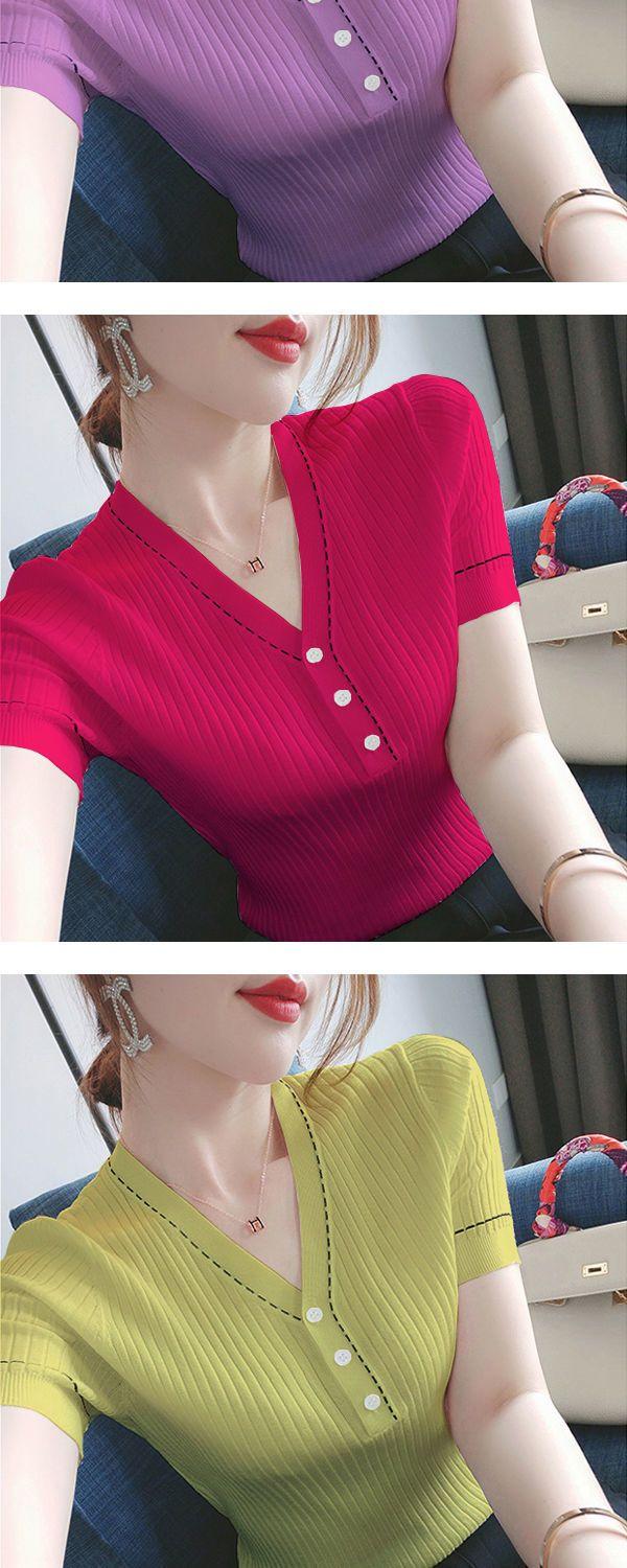 Product Introduction of Áo Thun ngắn Tay Cổ Chữ V Bằng Lụa Lạnh Dễ Phối Đồ Phong Cách Hàn Quốc Mới Mùa Hè, Dành Cho Nữ, Dáng Ôm, Bó Sát, Chắp Vá Nút, Áo Dệt Kim, Mỏng, Bó Sát 9