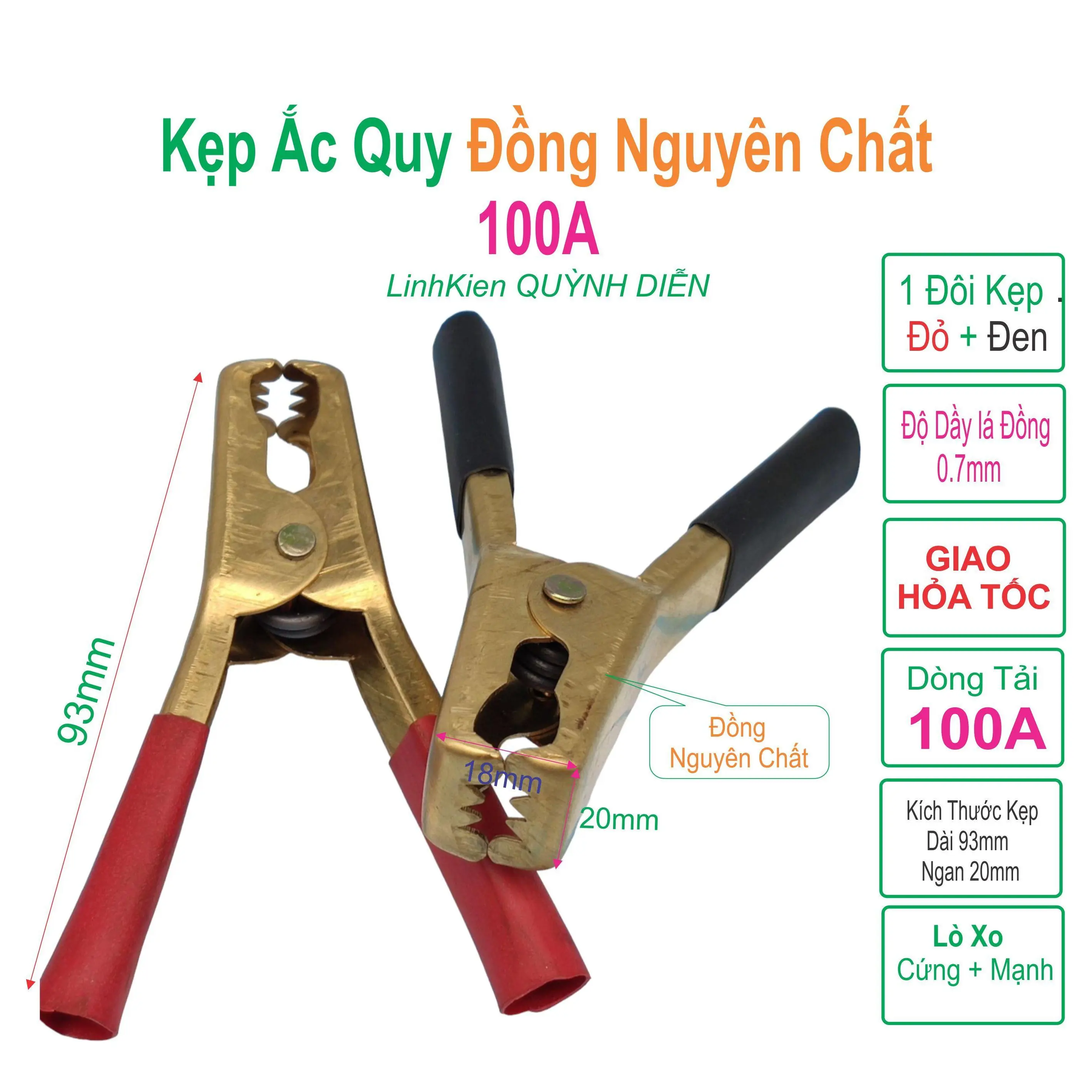Kẹp ắc quy Acquy 100A Đồng Nguyên Chất (Đỏ + Đen), 93mm, Lò Xo Cực Kì Khỏe. - Linh kiện điện tử QUỲNH DIỄN