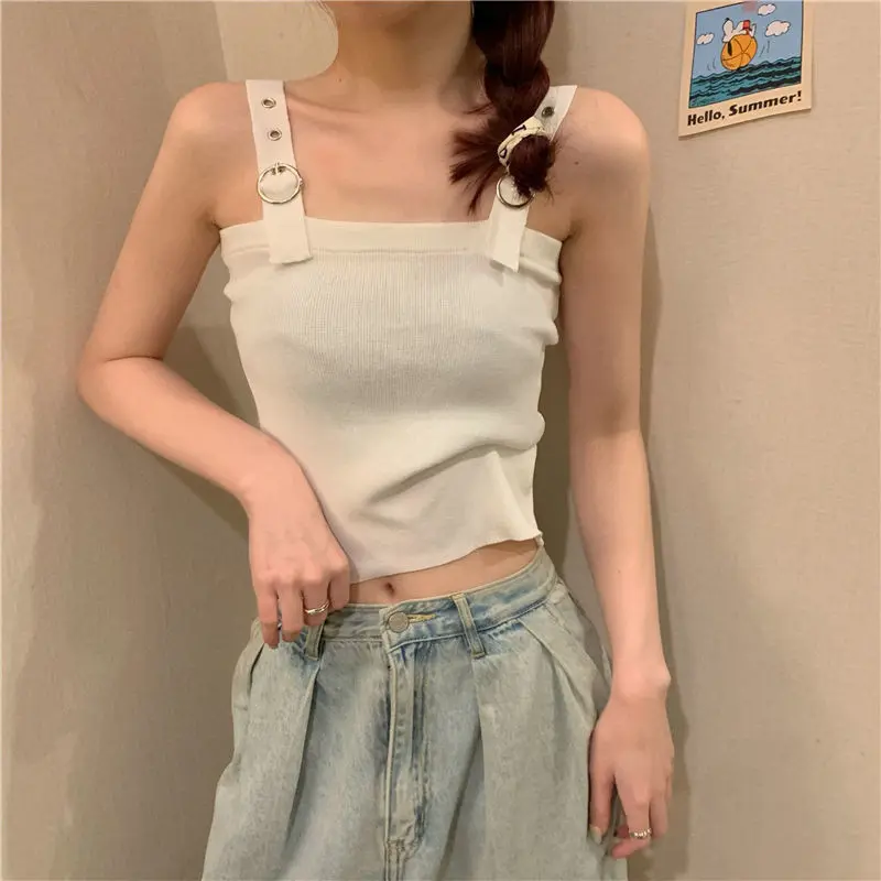 [Ms Queena]Korean Style Striped Spaghetti Straps Vest Inner Waist Slimming Versatile Knitted Buckle Striped Top