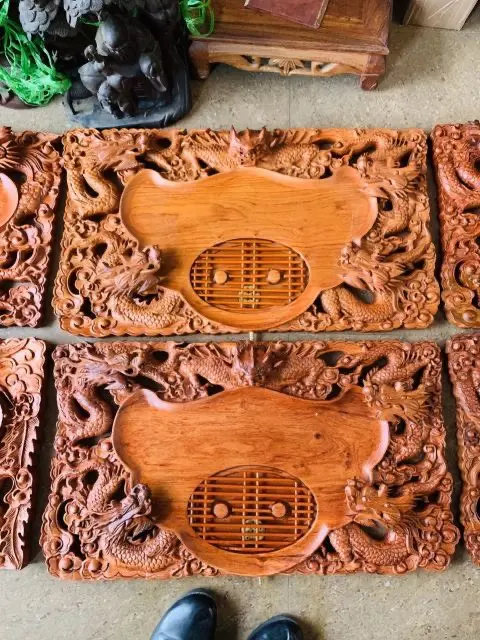 Khay trà liền khối VIP gỗ Hương đục Ngũ Long cao cấp 65x35cm 3