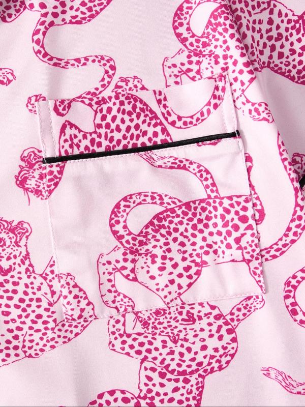 Women's Leopard Print Short Sleeve Pajama Three-piece Set, Elegant Casual Comfy Button Front Chest Pocket Design Lapel Neck Top & Elastic Waist Shorts & Eye Mask PJ Set, Ladies Sleepwear for All Seasons 3